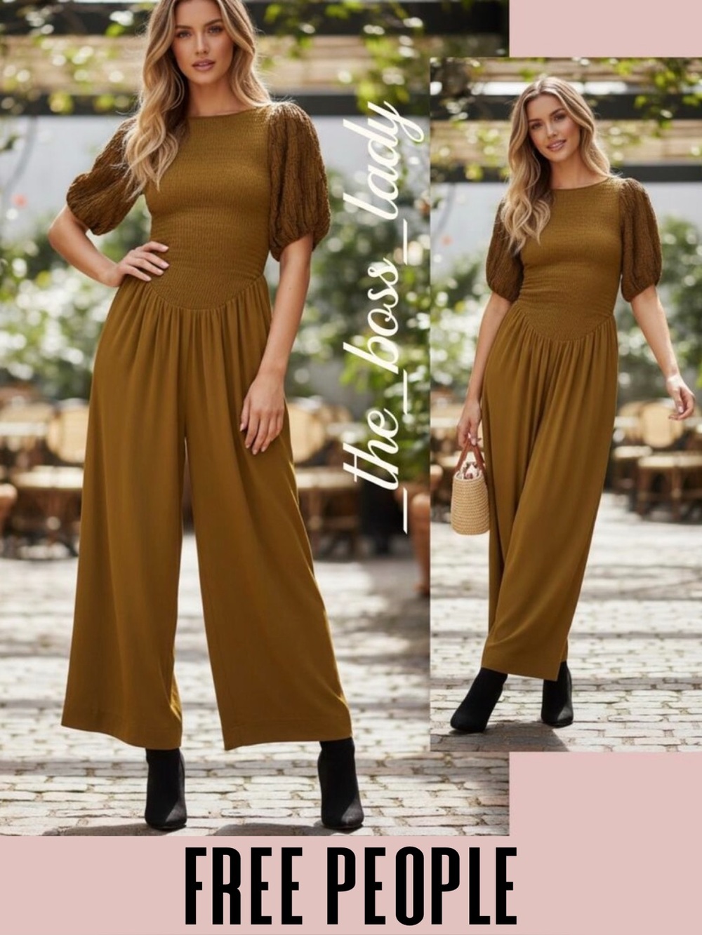 Free People jumpsuit wide-leg puff sleeve smock Small